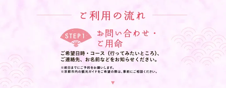 ご利用の流れ 【STEP1 お問い合わせ・ご用命】ご希望日時・コース（行ってみたいところ）、ご連絡先、お名前などをお知らせください。※前日までにご予約をお願いします。※京都市内の観光ガイドをご希望の際は、事前にご相談ください。