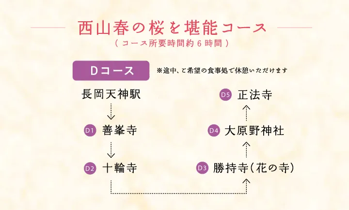 西山春の桜を満喫コース(コース所要時間約6時間)【Dコース ※途中、ご希望の食事処で休憩いただけます】長岡天神駅 → 善峯寺 → 十輪寺 → 勝持寺（花の寺） → 大原野神社 → 正法寺