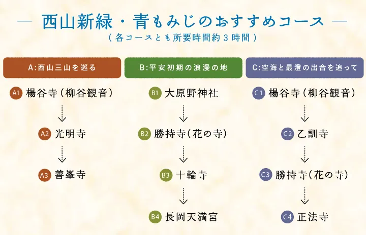 西山新緑・青もみじのおすすめコース(各コースとも所要時間約3時間)【A:西山三山を巡る】楊谷寺（柳谷観音） → 光明寺 → 善峯寺 【B:平安初期の浪漫の地】大原野神社 → 勝持寺（花の寺） → 十輪寺 → 長岡天満宮 【C:空海と最澄の出合を追って】楊谷寺（柳谷観音） → 乙訓寺 →勝持寺（花の寺） → 正法寺