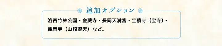 【追加オプション】洛西竹林公園・金蔵寺・長岡天満宮・宝積寺（宝寺）・観音寺（山崎聖天）など。