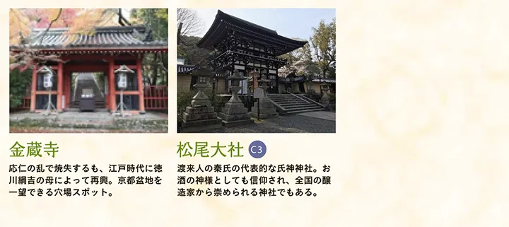 【金蔵寺】応仁の乱で焼失するも、江戸時代に徳川綱吉の母によって再興。京都盆地を一望できる穴場スポット。 【松尾大社】渡来人の秦氏の代表的な氏神神社。お酒の神様としても信仰され、全国の醸造家から崇められる神社でもある。