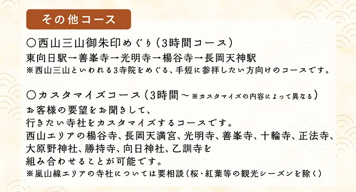 【その他コース】○西山三山御朱印めぐり（3時間コース）東向日駅→善峯寺→光明寺→楊谷寺→長岡天神駅 ※西山三山といわれる3寺院をめぐる、手短に参拝したい方向けのコースです。○カスタマイズコース（3時間～※カスタマイズの内容によって異なる）お客様の要望をお聞きして、行きたい寺社をカスタマイズするコースです。西山エリアの楊谷寺、長岡天満宮、光明寺、善峯寺、十輪寺、正法寺、大原野神社、勝持寺、向日神社、乙訓寺を組み合わせることが可能です。※嵐山線エリアの寺社については要相談（桜・紅葉等の観光シーズンを除く）