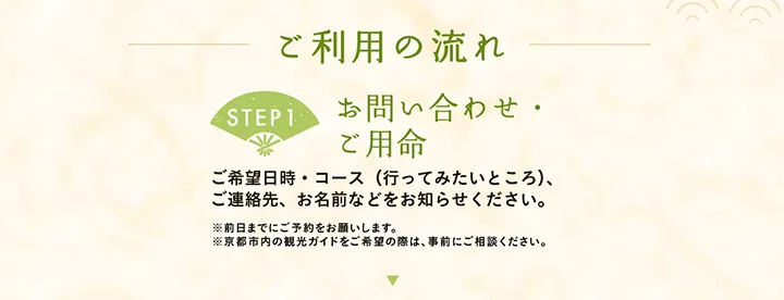 ご利用の流れ 【STEP1 お問い合わせ・ご用命】ご希望日時・コース（行ってみたいところ）、ご連絡先、お名前などをお知らせください。※前日までにご予約をお願いします。※京都市内の観光ガイドをご希望の際は、事前にご相談ください。