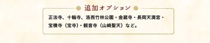 【追加オプション】正法寺、十輪寺、洛西竹林公園・金蔵寺・長岡天満宮・宝積寺（宝寺）・観音寺（山崎聖天）など。