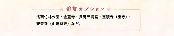 【追加オプション】洛西竹林公園・金蔵寺・長岡天満宮・宝積寺（宝寺）・観音寺（山崎聖天）など。