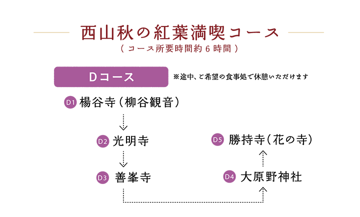 ＜西山秋の紅葉満喫コース（コース所要時間約6時間）＞【Dコース ※途中、ご希望の食事処で休憩いただけます】楊谷寺（柳谷観音） → 光明寺 → 善峯寺 → 大原野神社 → 勝持寺（花の寺）