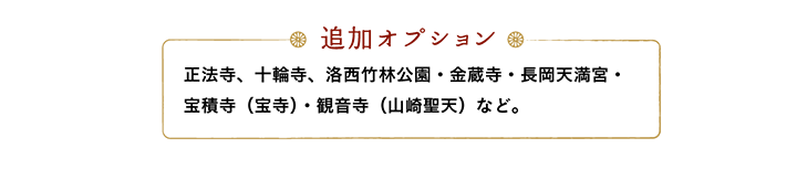 【追加オプション】正法寺、十輪寺、洛西竹林公園・金蔵寺・長岡天満宮・宝積寺（宝寺）・観音寺（山崎聖天）など。