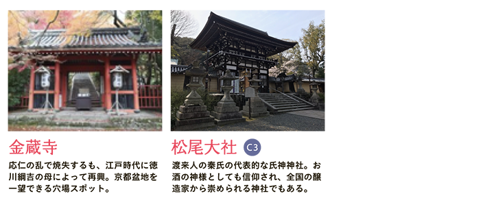 【金蔵寺】応仁の乱で焼失するも、江戸時代に徳川綱吉の母によって再興。京都盆地を一望できる穴場スポット。 【松尾大社】渡来人の秦氏の代表的な氏神神社。お酒の神様としても信仰され、全国の醸造家から崇められる神社でもある。