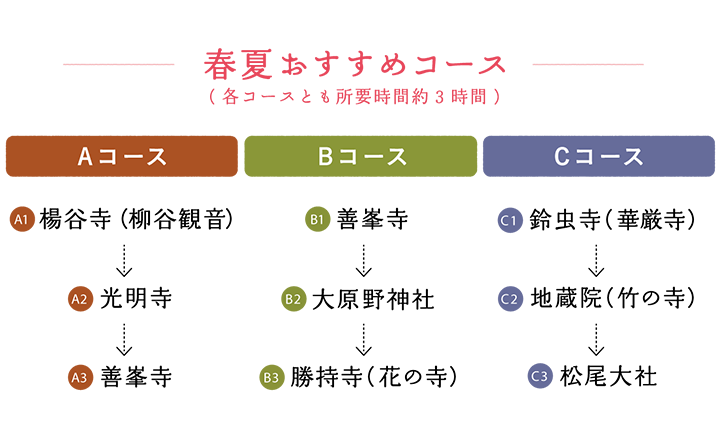 春夏おすすめコース(各コースとも所要時間約3時間)【Aコース】楊谷寺（柳谷観音） → 光明寺 → 善峯寺 【Bコース】善峯寺 → 大原野神社 → 勝持寺（花の寺） 【Cコース】鈴虫寺（華厳寺） → 地蔵院（竹の寺） → 松尾大社