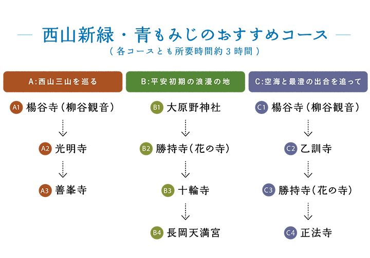 西山新緑・青もみじのおすすめコース(各コースとも所要時間約3時間)【A:西山三山を巡る】楊谷寺（柳谷観音） → 光明寺 → 善峯寺 【B:平安初期の浪漫の地】大原野神社 → 勝持寺（花の寺） → 十輪寺 → 長岡天満宮 【C:空海と最澄の出合を追って】楊谷寺（柳谷観音） → 乙訓寺 →勝持寺（花の寺） → 正法寺
