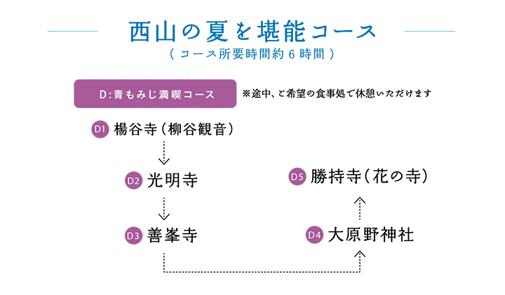 ＜西山の夏を堪能コース(コース所要時間約6時間)＞【D:青もみじ満喫コース ※途中、ご希望の食事処で休憩いただけます】楊谷寺（柳谷観音） → 光明寺 → 善峯寺 → 大原野神社 → 勝持寺（花の寺）
